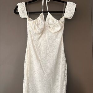 White Lace Off-Shoulder Front Tie Mini Dress